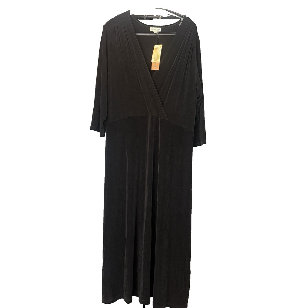 NWT Coldwater Creek Black Maxi Dress Size 1X Draped Wrap Bodice 3/4 Sleeve